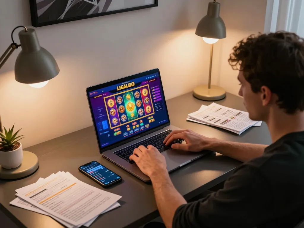 Engaging player focusing on LIGALGO online casino games at home, showcasing modern gaming setup.