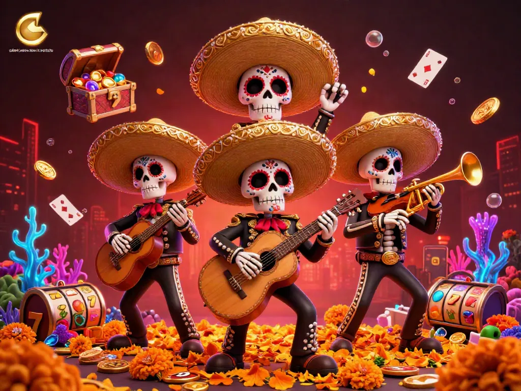 Experience vibrant gameplay at the safest casino sites in australia with dynamic 3D illustrations of mariachi skeletons.