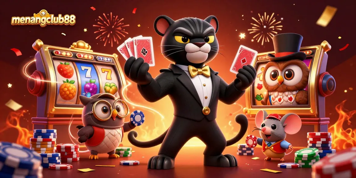 Experience the excitement of menangclub88 as the stylish panther deals cards surrounded by slot reels and festive decorations.