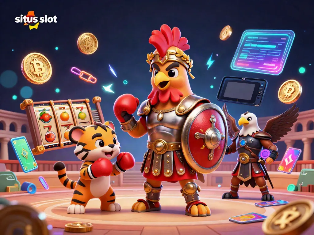 Gambar ilustrasi 3D situs slot menampilkan ayam jantan gladiator dan elemen permainan kasino.