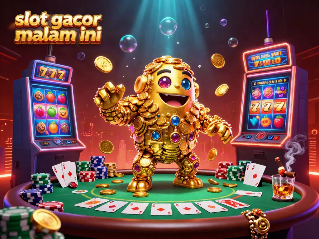 Gambarkan keajaiban slot gacor malam ini dengan golem emas dan simbol slot yang berputar.