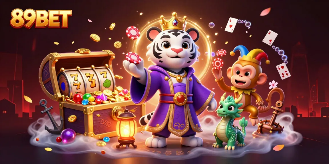 Engage in exciting gaming with 89BET featuring a lively scene of a royal tiger, playful monkey, and jade dragon.