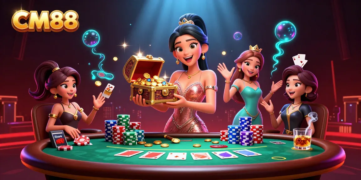 Experience the excitement of CM88's treasures at the casino with golden gems and poker elements.