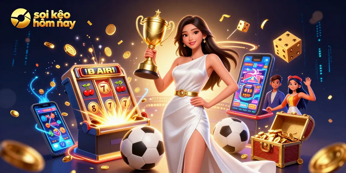 Soi kèo hôm nay featuring a victorious Asian woman with a trophy amidst vibrant sports betting elements and casino riches.