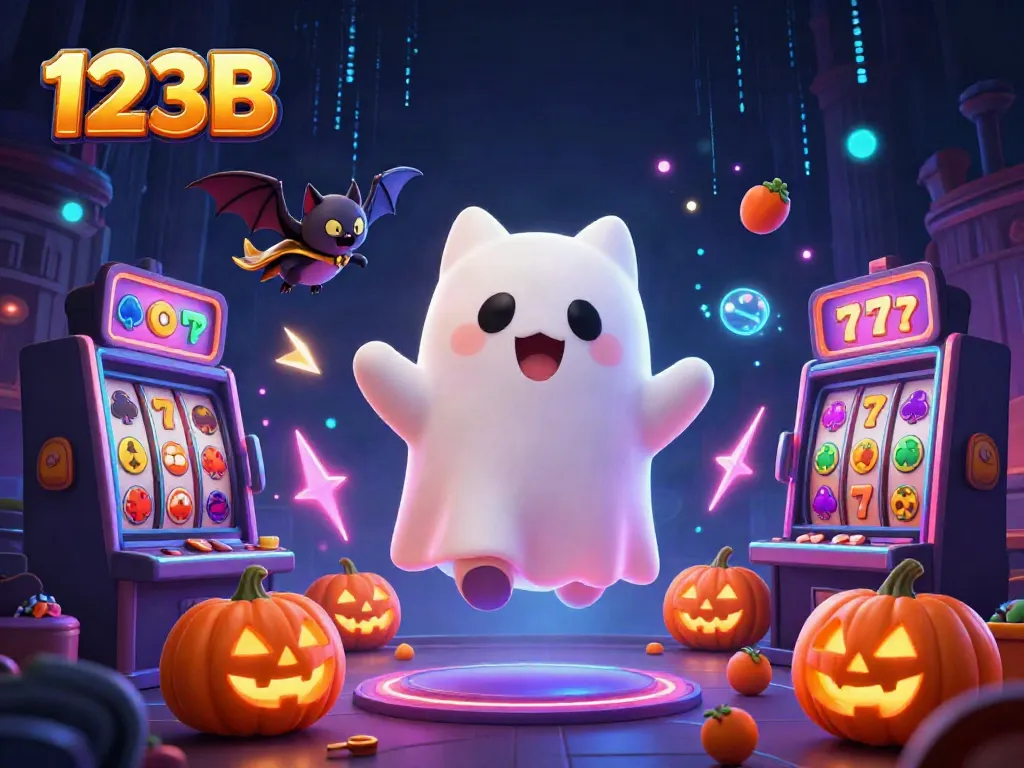 Experience thrilling slots at 123B surrounded by a ghost cat and vibrant casino elements.