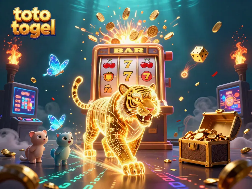 Witness the thrilling experience of toto togel as a golden tiger prowls a rich digital casino landscape alive with jackpots and colorful game elements.