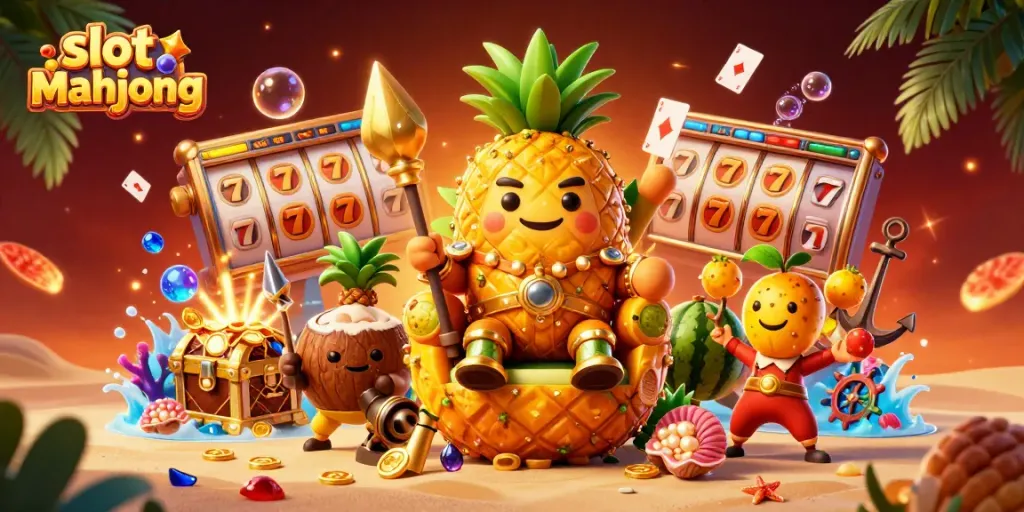 Slot mahjong yang menggambarkan raja nanas emas dikelilingi simbol permainan kasino yang meriah.