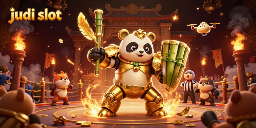 Gambaran judi slot yang menarik dengan panda emas dalam robot bertarung di arena penuh penonton.