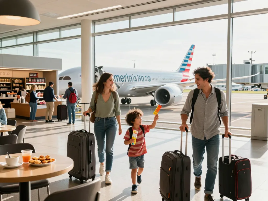 Family boarding the American Airlines 789P Dreamliner at a bright airport gate, showcasing travel excitement.