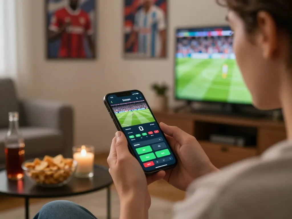 Engaging in sports betting on cacuocbongda app while enjoying a live football game at home.