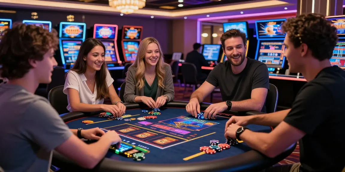Online casino players enjoying gaming experience at https://dea.org.uk in a vibrant, interactive atmosphere with glowing screens and colorful chips.
