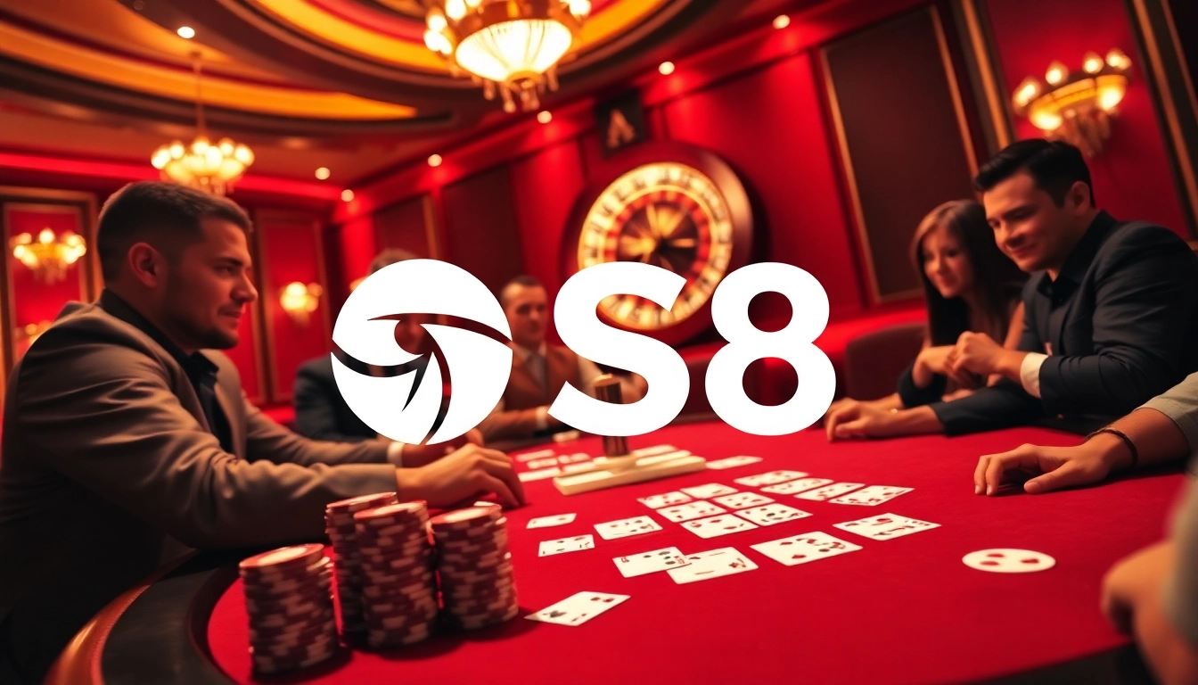 Players engaging at a luxurious S8 casino poker table, surrounded by vibrant lights and chips.