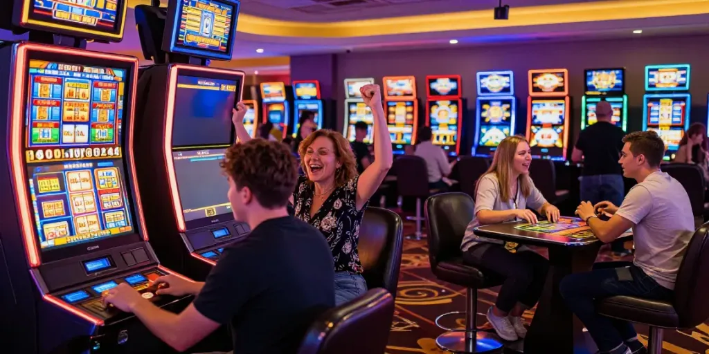 Slot gacor di kasino dengan pemain merayakan kemenangan dan suasana hidup yang ramai.