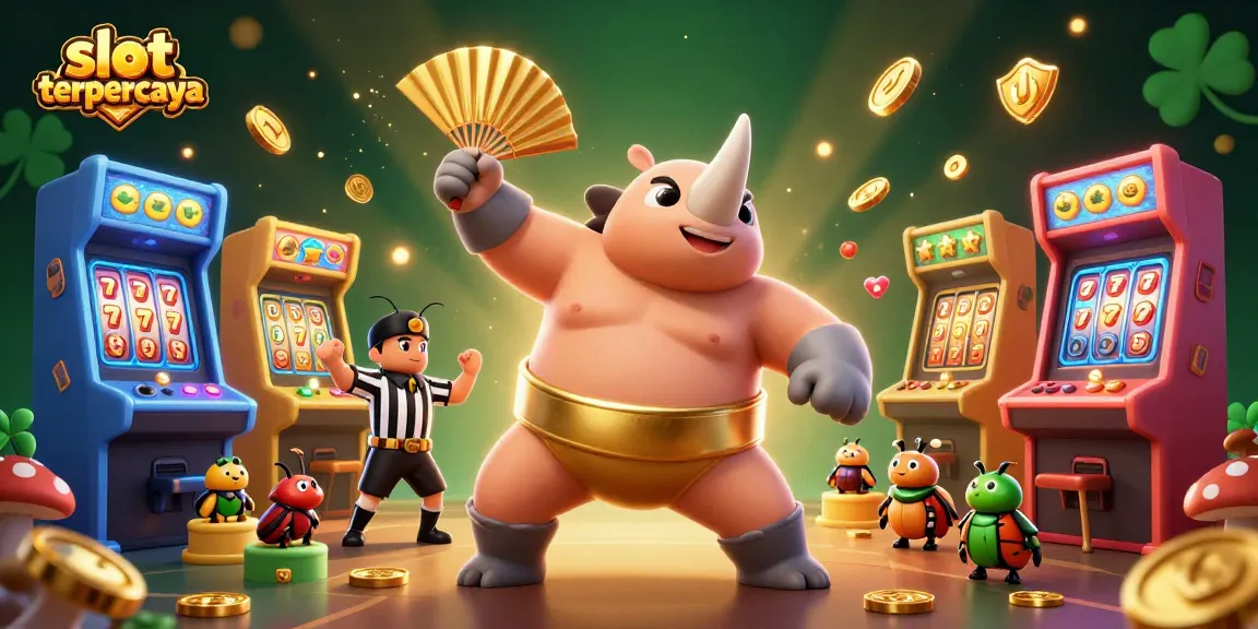 Win big with slot terpercaya, showcasing a dynamic scene of a sumo beetle amidst vibrant arcade elements and gold coins.