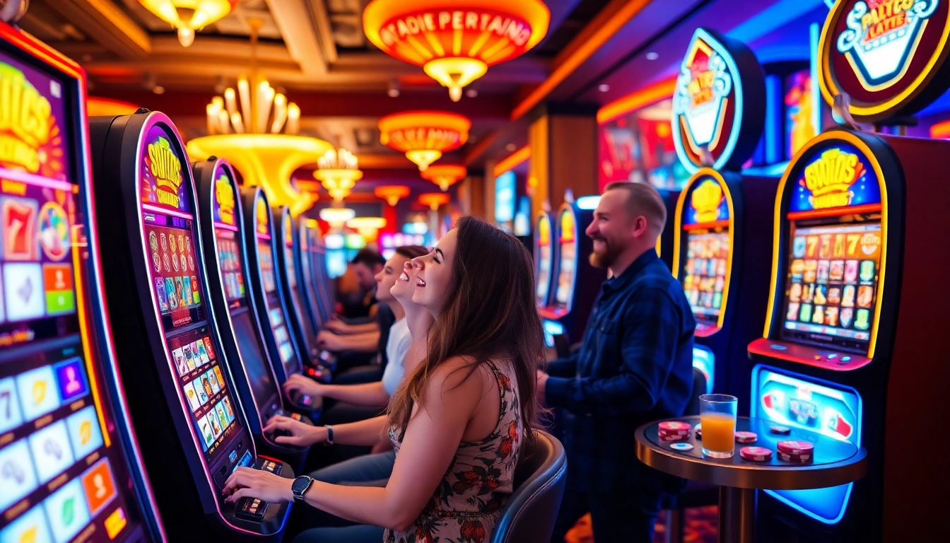 Players enjoying the as38 daftar slot terbaru at a vibrant casino, full of energy and excitement.