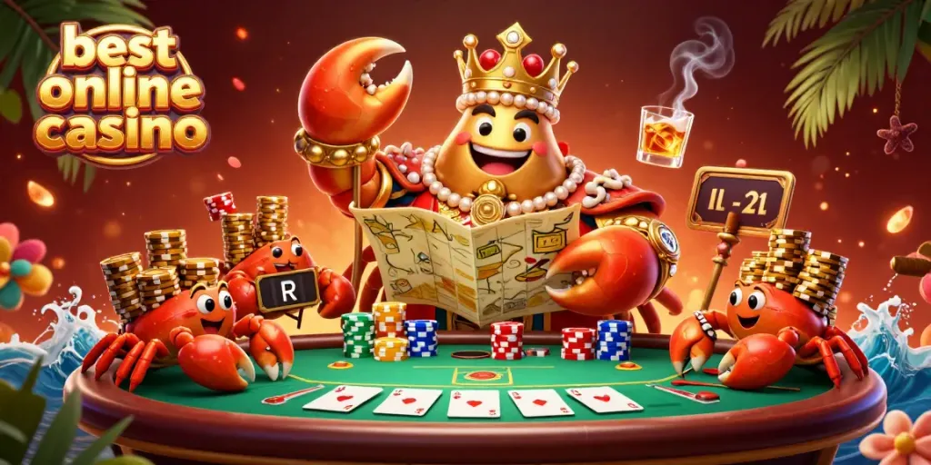 Experience the thrill at the best online casino with a vibrant scene of a golden crab emperor ruling over an exciting poker table.