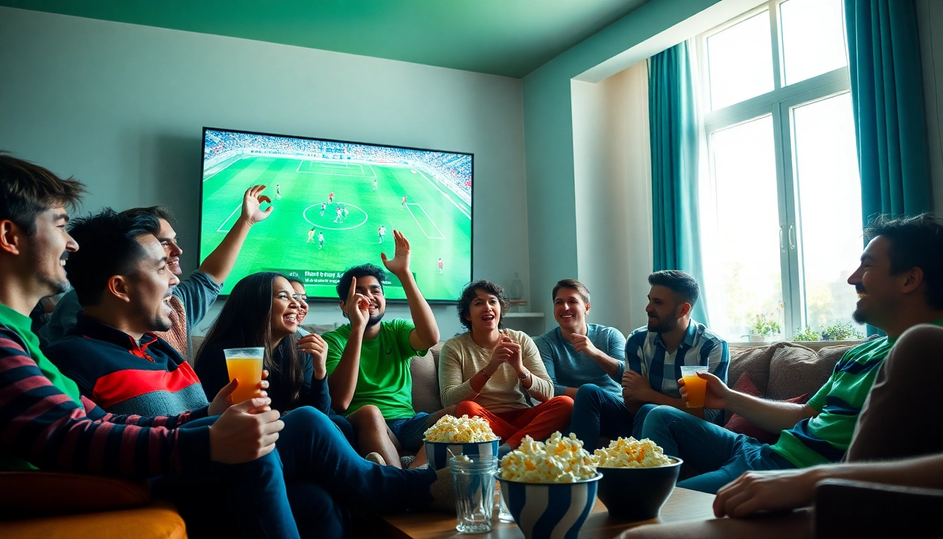 Cakhia TV football fans excitedly watching a live match in a cozy room