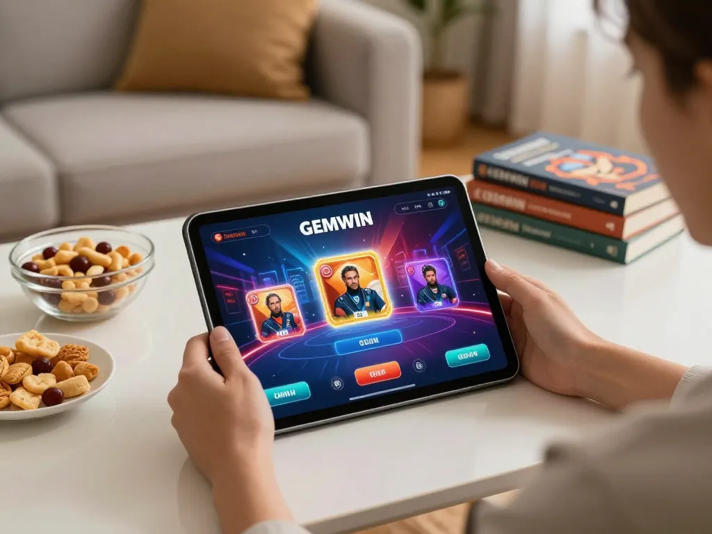 GEMWIN player immersed in online casino experience, tablet displaying vibrant game graphics.