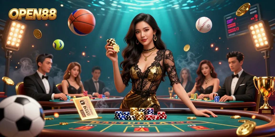 Experience the excitement of OPEN88 at a VIP baccarat table with golden casino chips.