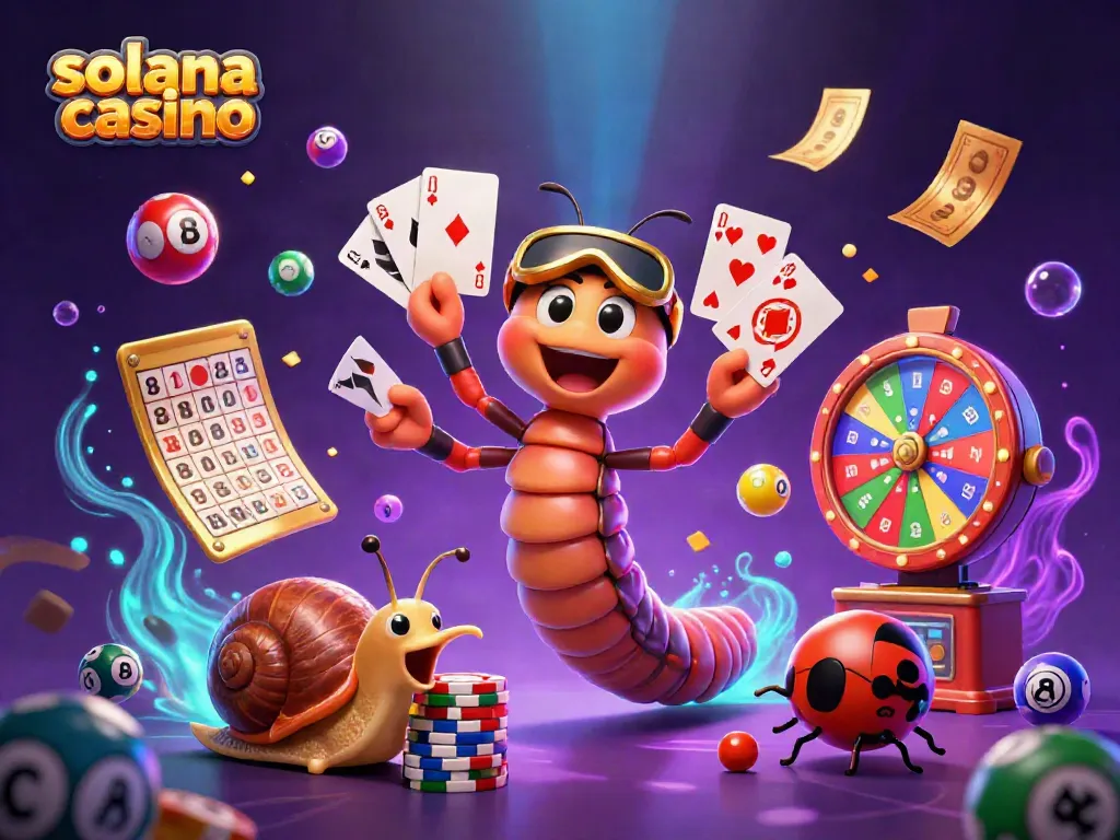Experience excitement at the solana casino with vibrant games and characters in this engaging illustration.