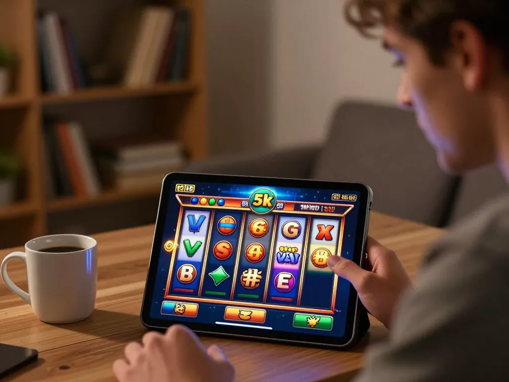 Player enjoying a slot 5k game on a tablet in a cozy setting, capturing online gambling excitement.