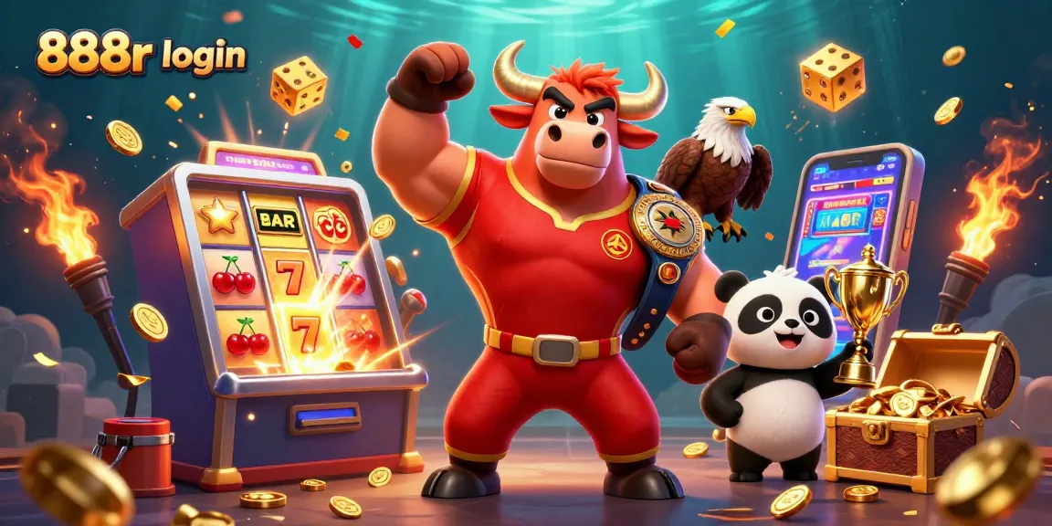 Engage with 888r login as a muscular bull mascot celebrates a jackpot amidst vibrant casino elements.