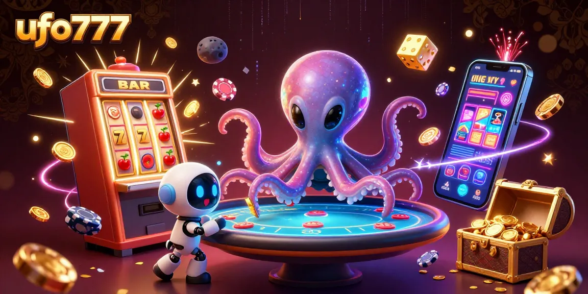 Win with ufo777 as a cheerful alien octopus controls an exciting poker game in a vibrant cosmic casino scene.