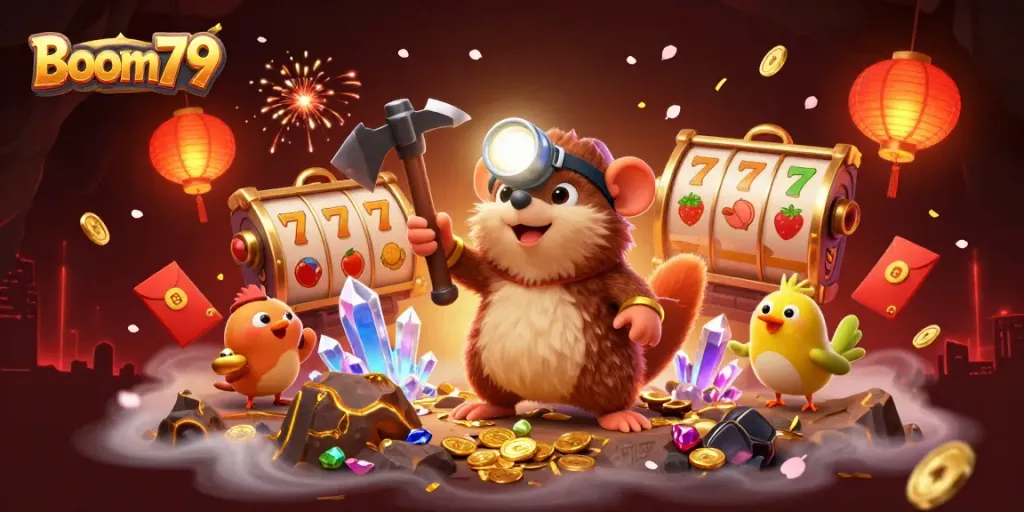 Experience Boom79's thrilling slot adventures with vibrant characters and rich golden elements.