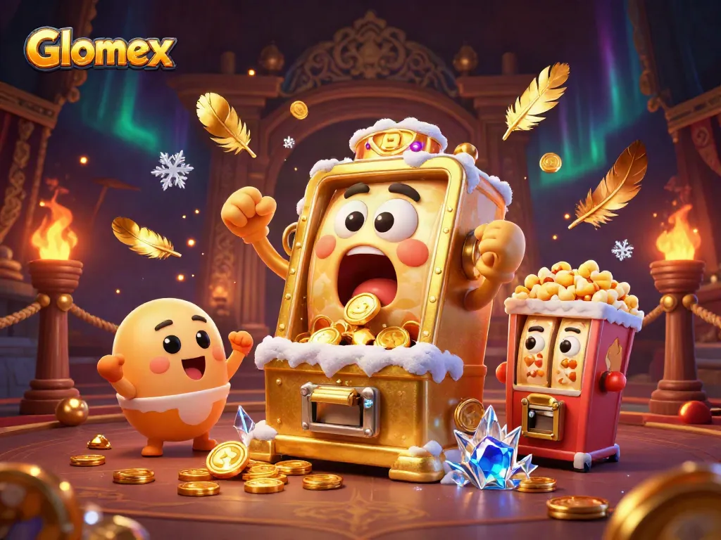 Glomex celebrates a big win with a golden slot machine hitting the jackpot in a festive casino scene.
