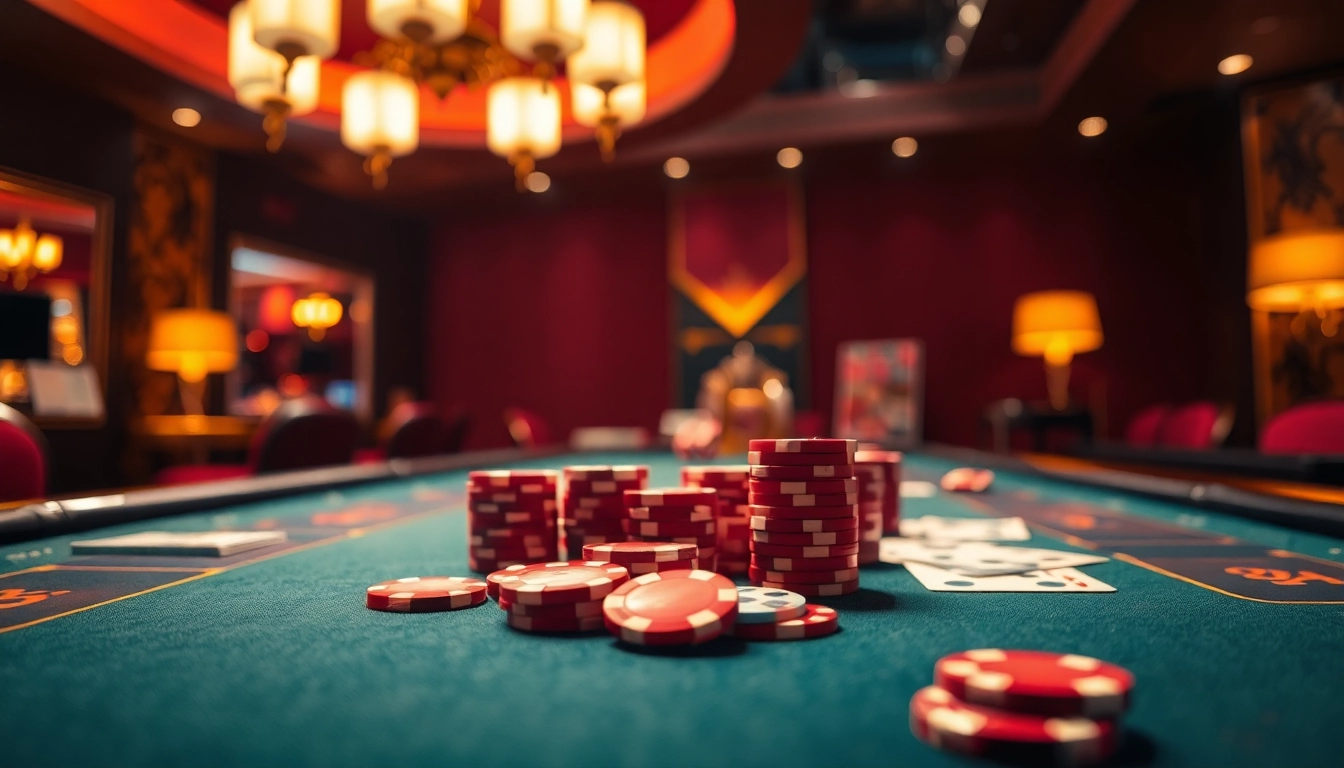 Engaging online casino table scene with vibrant chips and cards in an energetic atmosphere.