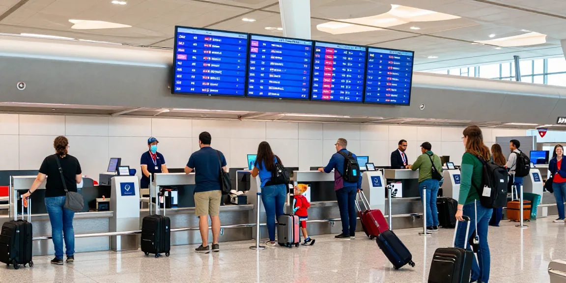 Travelers checking in at American Airlines for flight AA 88 in a busy airport.