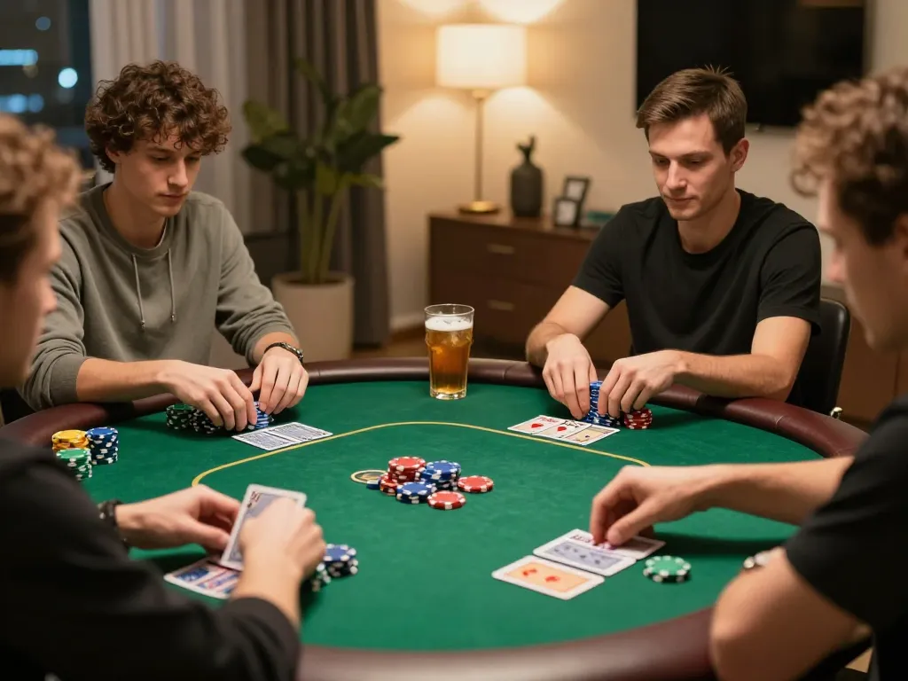 Engaged players at a home poker night with zbet me games, showcasing competitive strategies and vibrant poker chips.