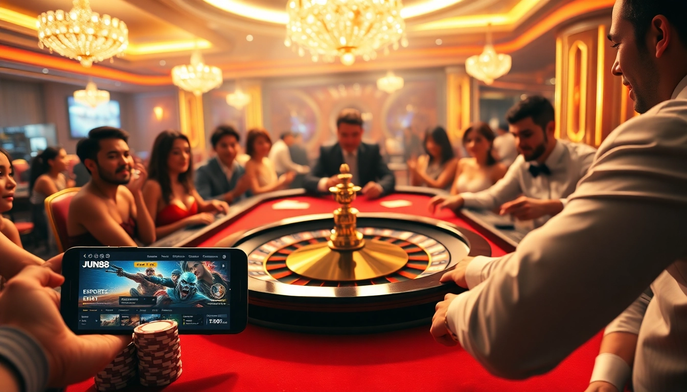 Experience high-stakes bets with JUN88's thrilling casino atmosphere featuring roulette action.