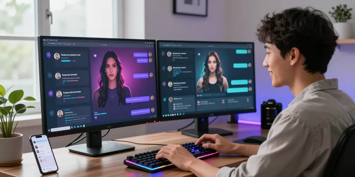 Engaging in ai sex chat with a digital avatar in a vibrant modern workspace.