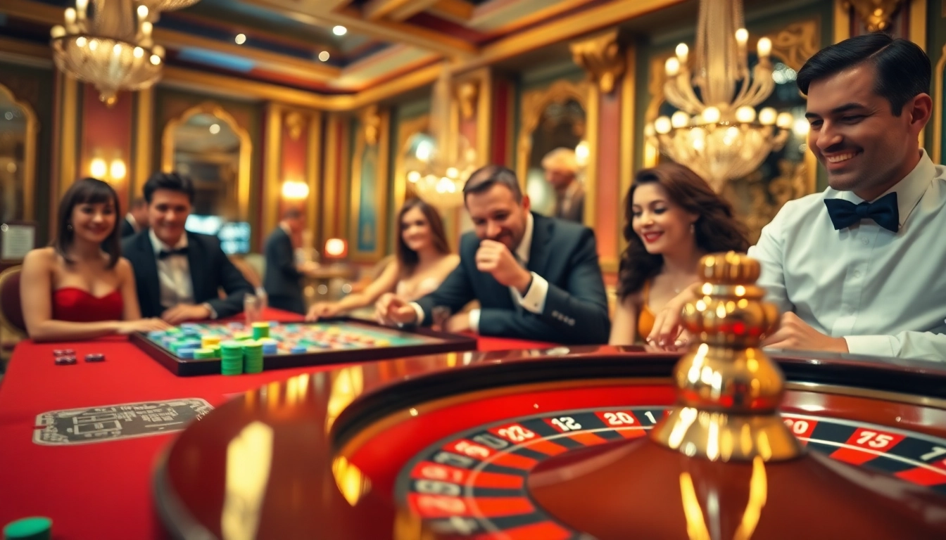Temukan Agen SBOBET dalam suasana kasino yang mewah dengan meja roulette dan banyak pemain.