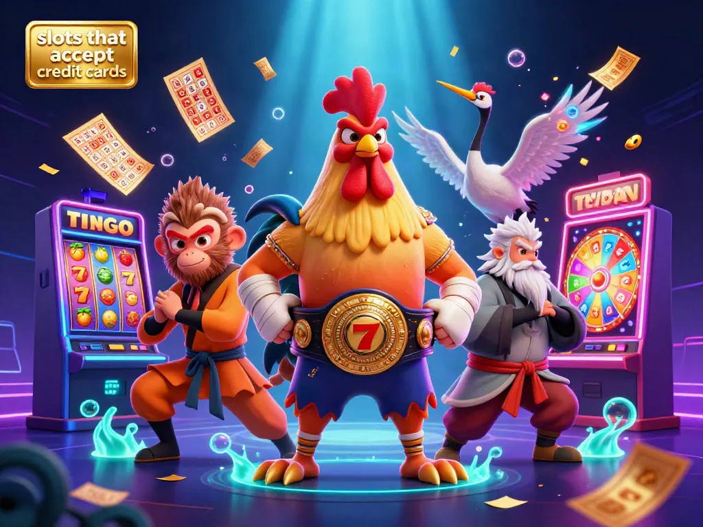Experience thrilling slots that accept credit cards with wild characters amidst colorful casino elements.