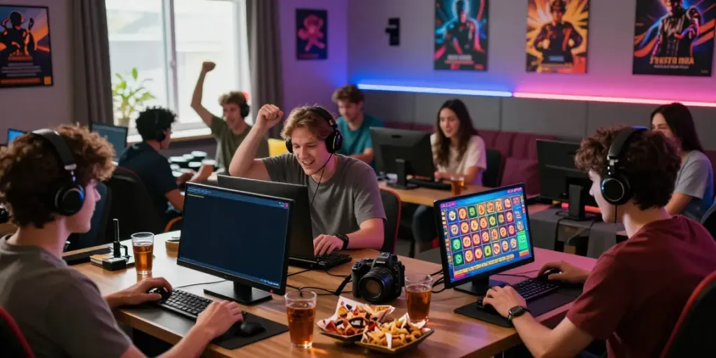 SLOT TOTO players celebrating winning jackpot in a vibrant gaming room