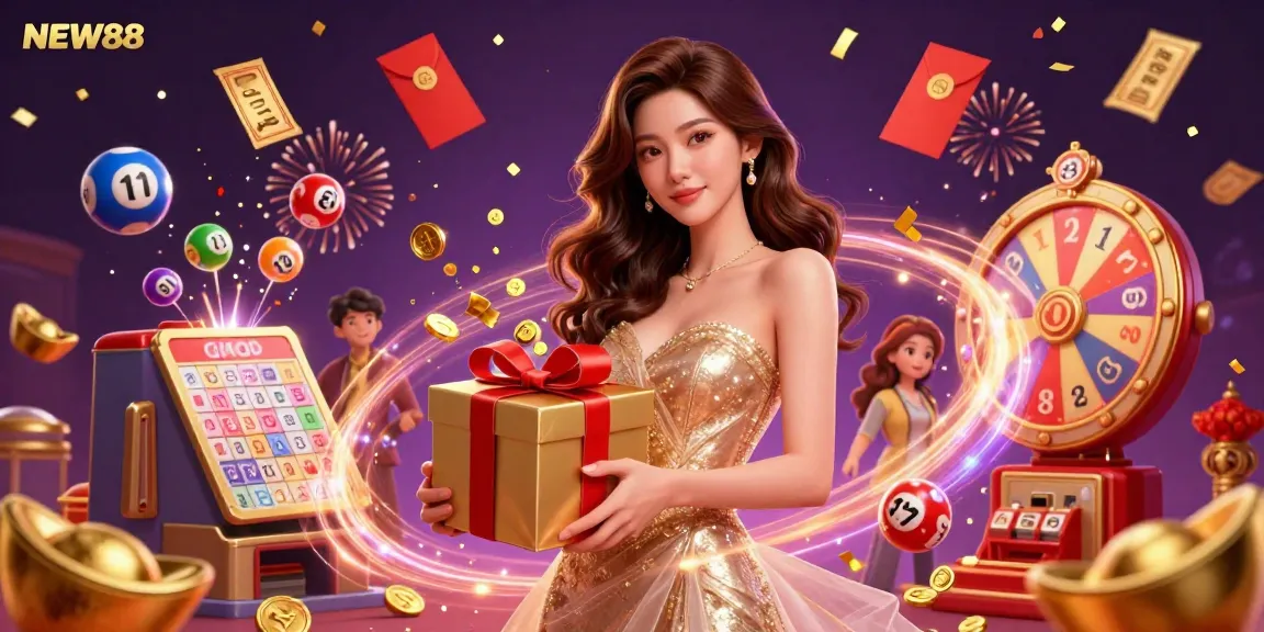 Experience the excitement of NEW88 with a festive Lunar New Year casino scene featuring vibrant games and celebratory elements.