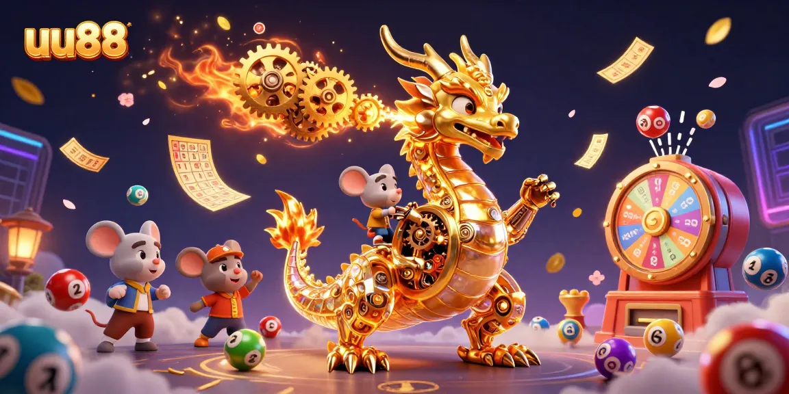 Play exciting games at uu88 with a dynamic scene featuring a golden dragon and lottery elements.