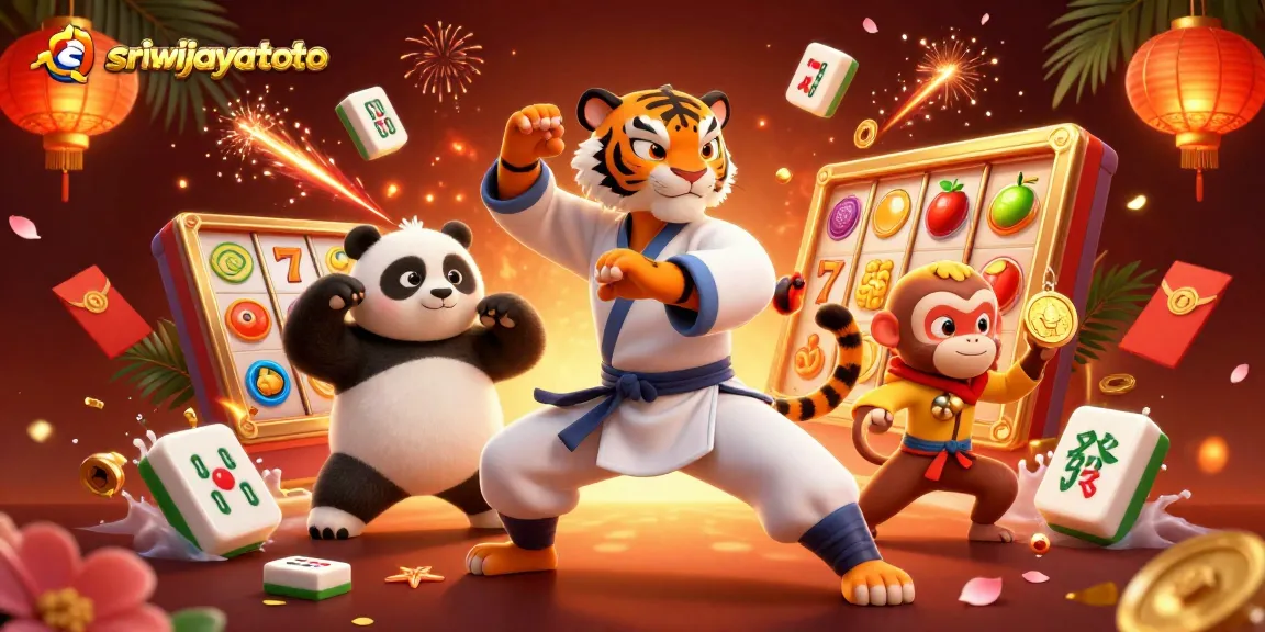 Sriwijayatoto showcases an exciting scene of a kung fu tiger master and panda disciple amidst vibrant slots and festive decorations, celebrating gaming success.