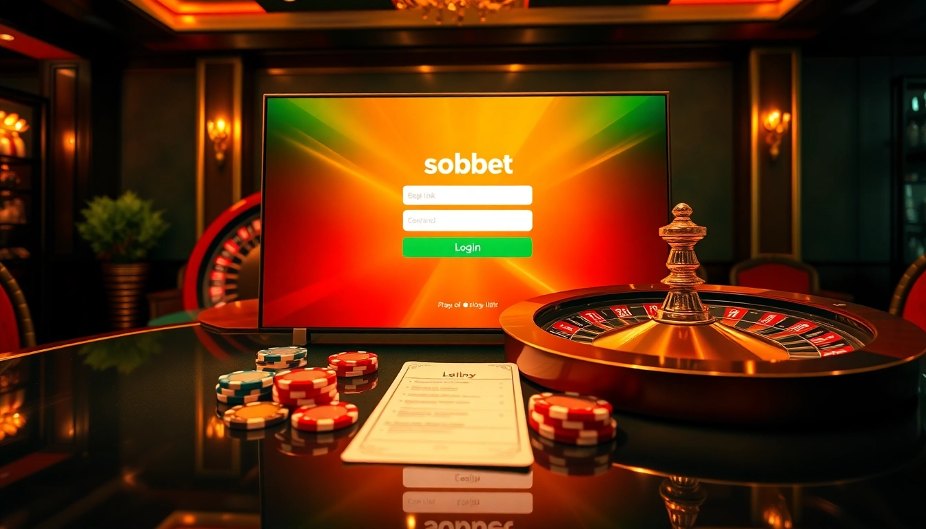 Engage with sbobet link login at a luxurious online casino featuring roulette and poker chips.
