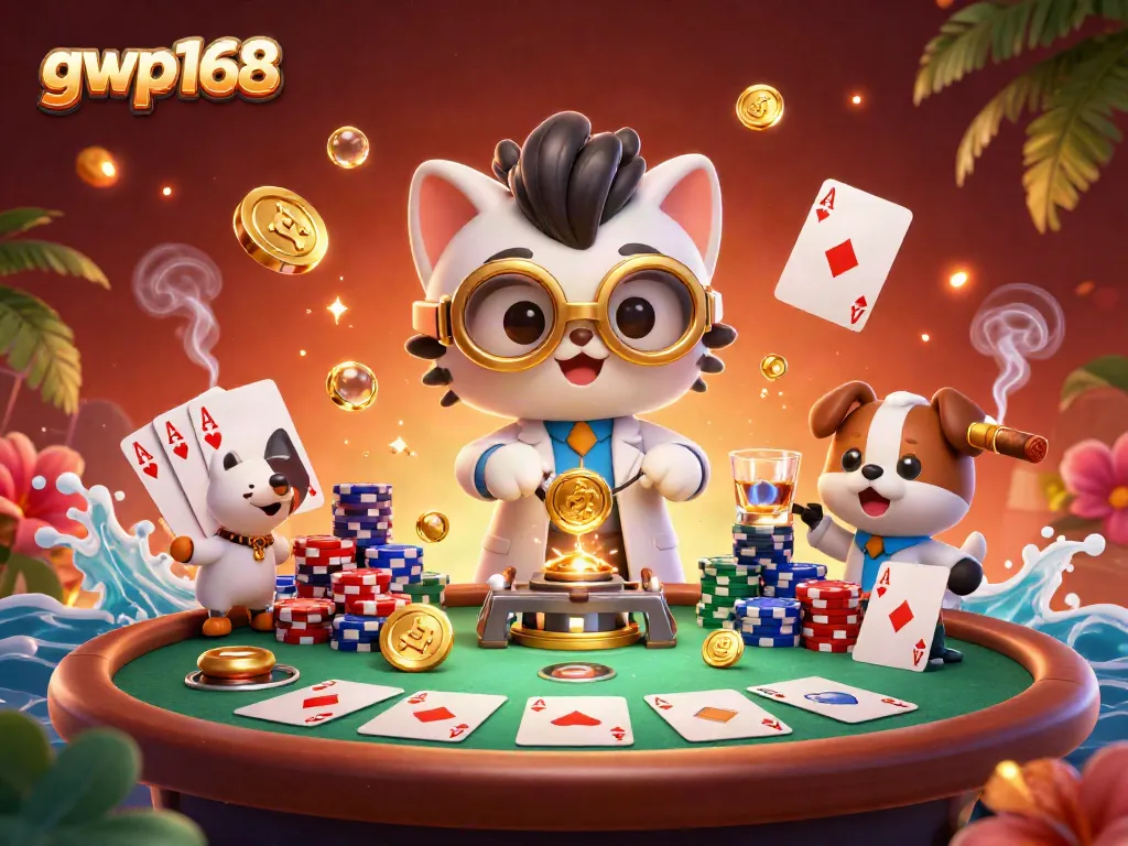 GWP168 menang di meja poker dengan ilustrasi karakter kucing dokter gila dan anjing saat permainan berlangsung.