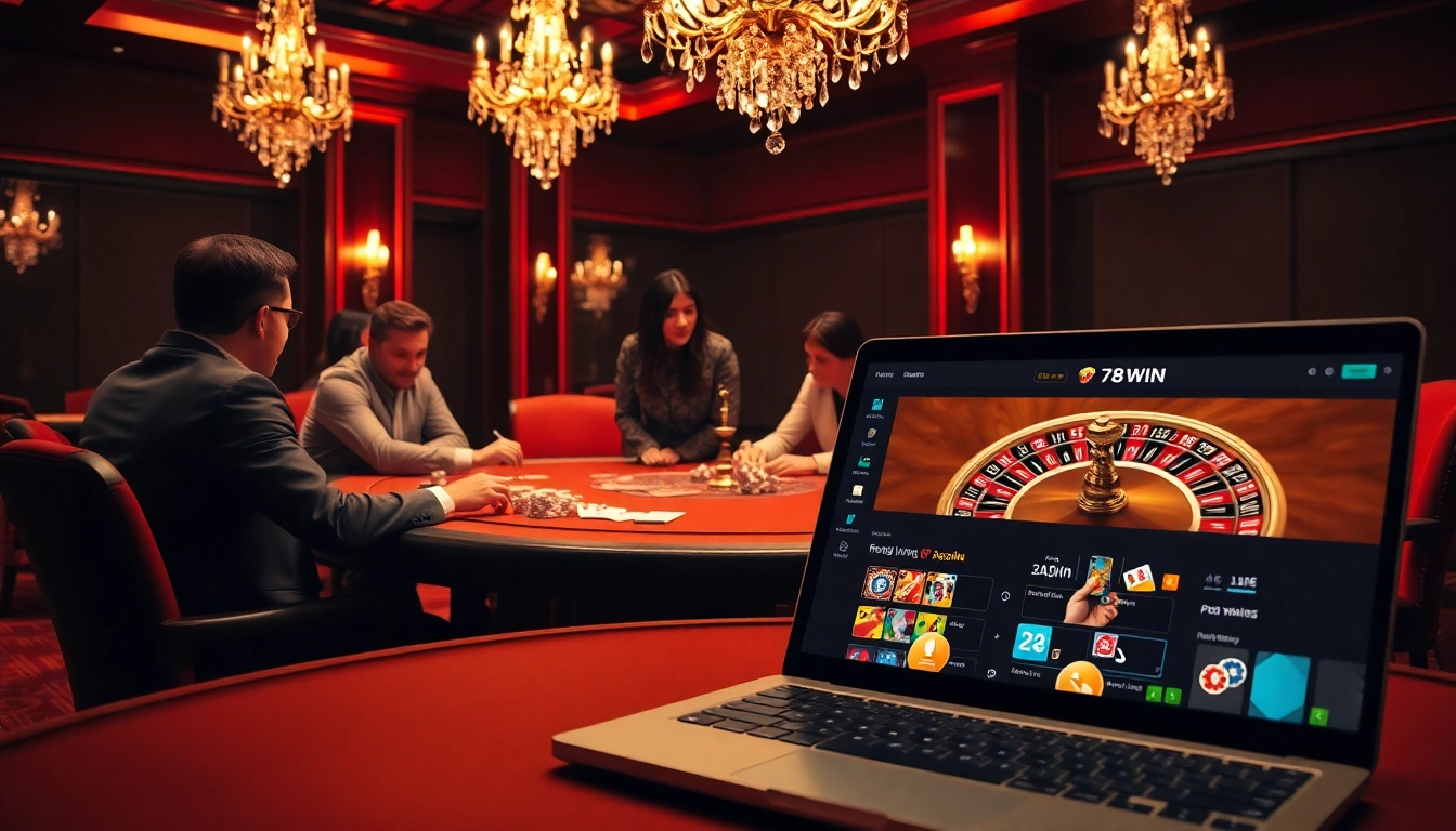 Engaging players at 78WIN poker table exuding excitement and luxury in a lavish casino setting.
