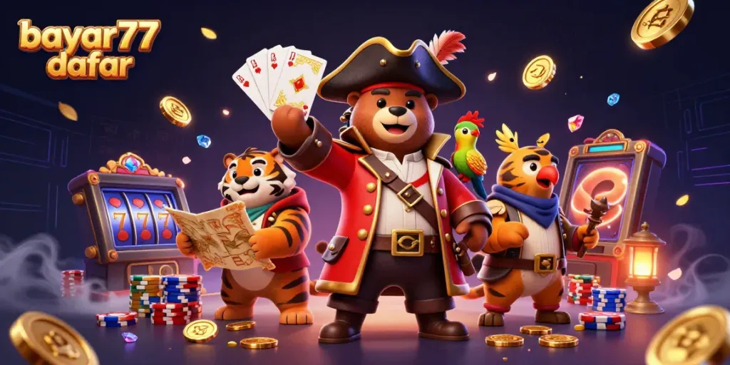 Engage in thrilling gameplay with bayar77 daftar, featuring a vibrant casino atmosphere with treasure maps and slot machines.