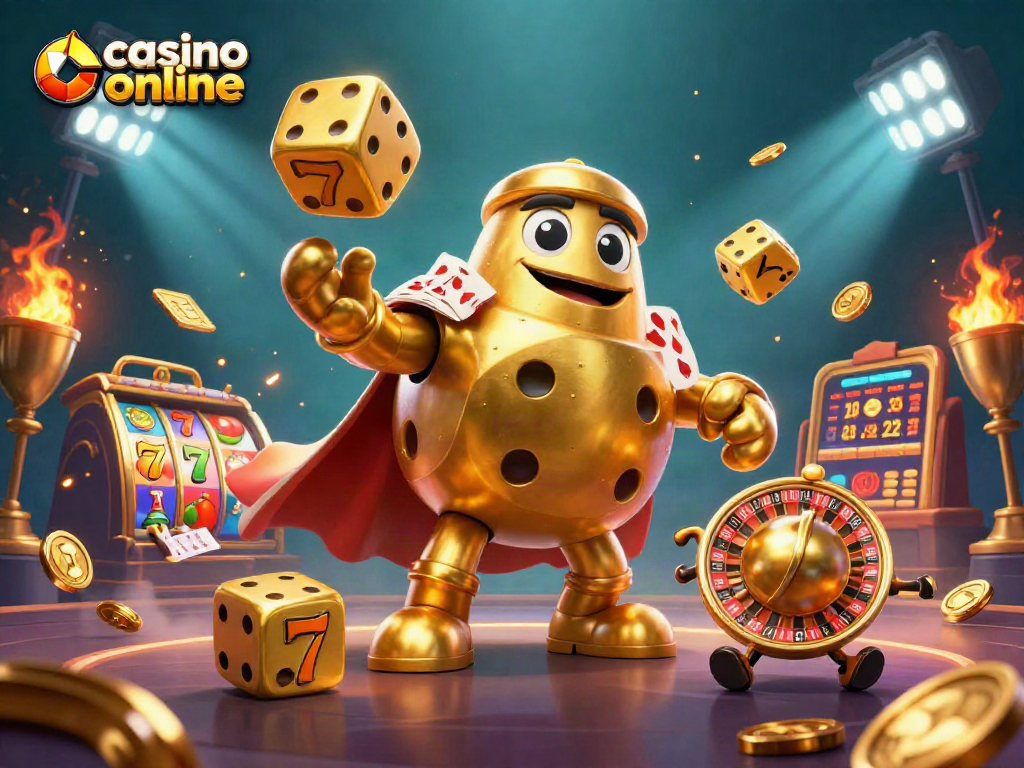 Engage in thrilling action with a golden dice golem and vibrant casino online elements in an epic 3D illustration.