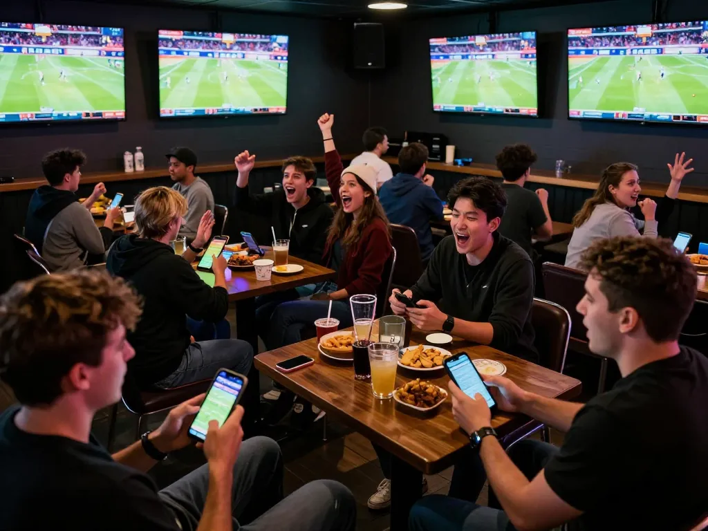 Engaged bettors using mobile devices at NHÀ CÁI 33WIN to place live bets during an exciting sports event.