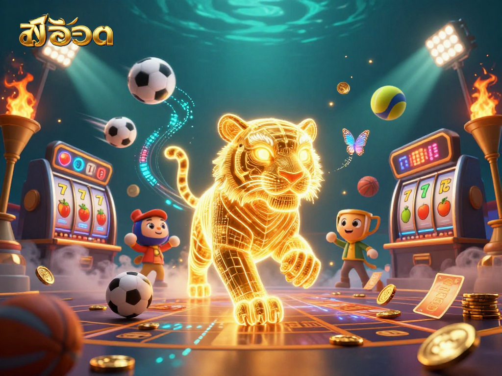 Experience excitement with สล็อต as dynamic slot reels spin amidst neon tigers in a digital casino.