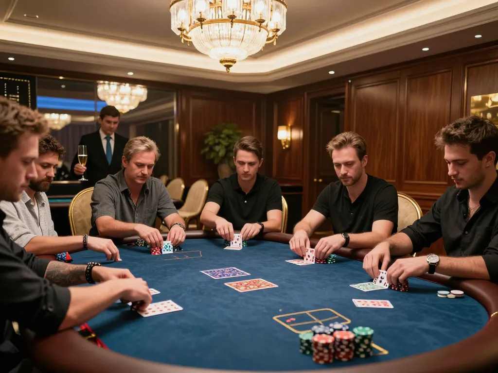 Players engaging in an exciting poker game at 100VIP's luxurious VIP gaming room.