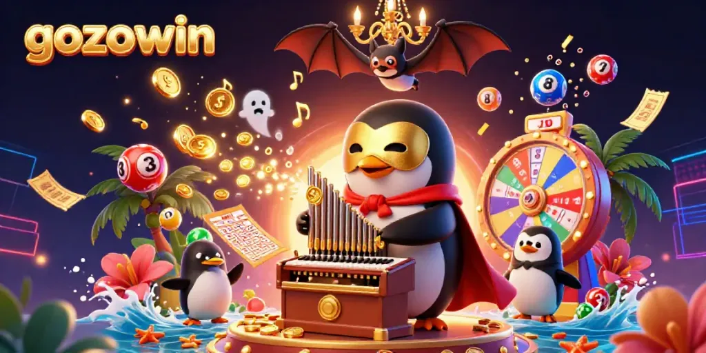 Experience the excitement of gozowin as a cartoon penguin plays a golden coin-pipe organ amidst a vibrant casino scene.