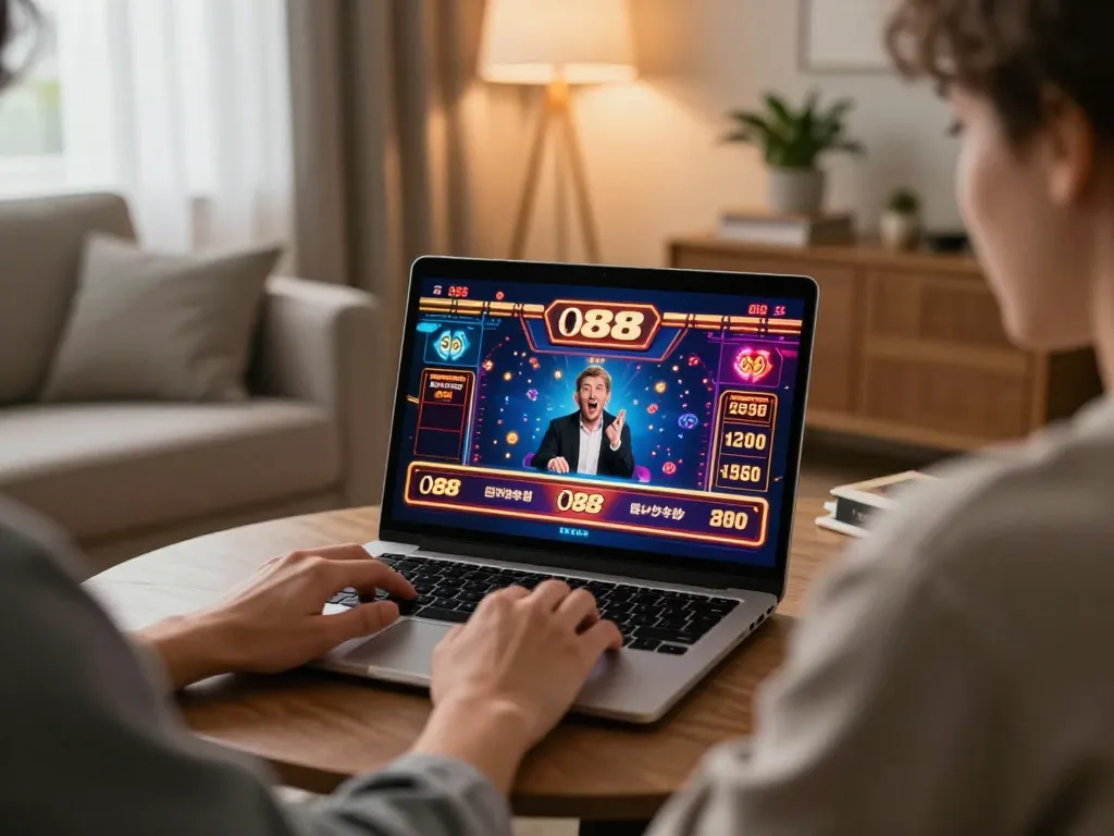 Engaging user exploring open 88 casino on laptop in a cozy living room setting.